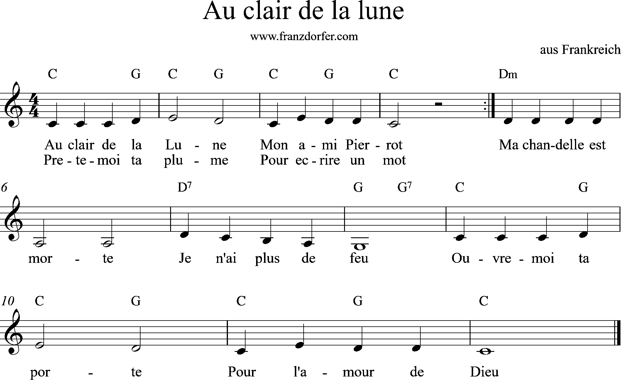 sheet music, C-Major, Au Clair de la lune